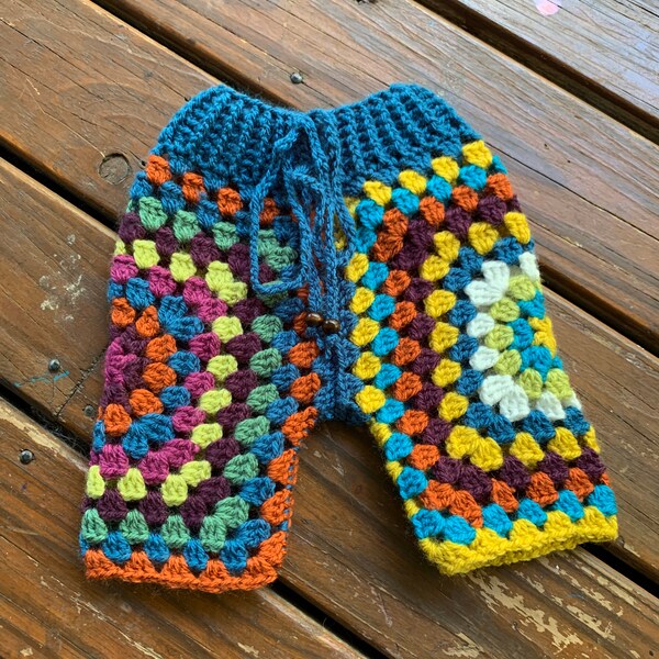 Lunar Pants - Crochet funky Lunaress original baby pants. Gypsy, hippy, boho fashion. Bright granny square pants!