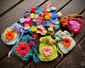 Poppy’s Hearts - crochet flower mini bag with crochet hearts, crochet flower pouch, gift of hearts, comfort gift.