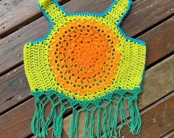 Crochet Mandala boho crop top - reversible festival fringe top, child's mandala flower fringe crop top, summer top, hippie child top,