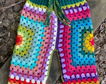 Lunar Pants - Crochet funky Lunaress original toddler pants. Gypsy, hippy, boho fashion. Bright granny square pants!