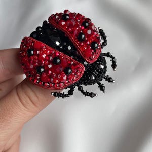 May include: A handcrafted ladybug brooch with a red and black beaded design. The ladybug's wings are red with black spots, and the body is black. The brooch is a unique accessory.