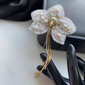 Beaded White Orchid Flower brooch, bride gift from maid of honor, Mother's in law gift 13th anniversary gift, holiday gift, secret Santa