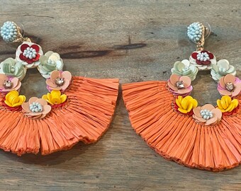 Raffia Boho Floral Fringe Studded Earrings, Fan Tassel Stud Earrings, Statement Earrings, Hoop Earrings With Floral Detail, Dangle Earrings