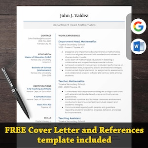Modelo de currículo minimalista para Google Docs, Microsoft Word | Modelo para profissionais com carta de apresentação e referências | Download instantâneo