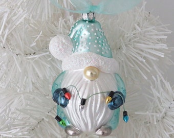 Gnome Christmas Tree Ornament, Gnome with Xmas Lights, Aqua Glitter Gnome Ornament, Cute Gnome for Christmas Tree Decor