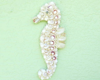 Seashell Seahorse, Wall Art Seahorse, Seahorse with Shells, Sea Horse Art w Seashells Gift, Seahorse for Bathroom, Pink and White Seahorse