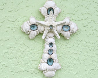 Shell Cross, White Aqua Blue Seashell Crucifix, Cross with Shells, Seashell Wall Cross, Wedding Gift, Religious Christian Gift, Easter Gift