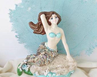 Brunette Mermaid Sculpture, Mermaid with Shells, OOAK Mermaid, Mermaid Figurine Statue, Mermaid Decor