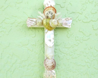Cross with Shells, Pastel Shell Crucifix, Seashell Cross, Crucifix with Shells, Religious Christian Gift, New Baby Baptism Gift, Xmas Gift