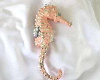Seahorse Pastel Pink Ornament, Coastal Xmas Tree Ornament, Bling Seahorse Ornament