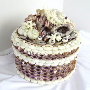 May include: A round decorative box crafted from various seashells, including white, purple, and brown shells. The box is adorned with coral and a geode. The design features a layered pattern of shells, creating a textured surface. The box is a unique coastal-themed decorative item.