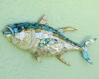 Fish Wall Art, Tuna Sculpture, Fish Sculpture, Fish Wall Hanging, Yellowfin Tuna Art, Fisherman Fathers Day Gift, Seashell Fish Art