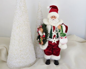 Coastal Beach Santa Figurine or Statue, Christmas Table Decor, Santa with Wreath,  Red White Santa Doll, Tropical Red White Santa Doll