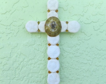 Seashell Cross Wall Hanging: Sand Dollar, Tortoiseshell, Christian Decor