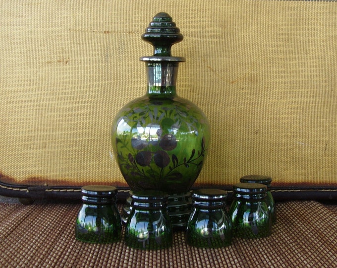 Green Glass Decanter Set Etsy