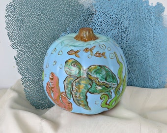 Painted Sea Turtle Faux Pumpkin, Coastal Fall Decor