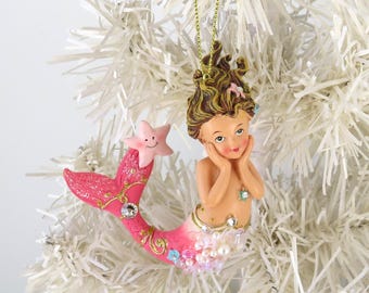 Blonde Mermaid Christmas Ornament, Swarovski Crystal Bling, Beach Decor