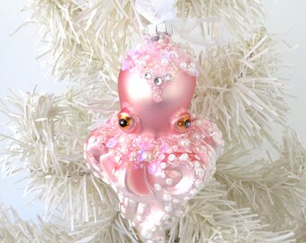 Adorno navideño de pulpo rosa, decoración costera de cristal mercurizado