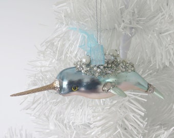 Narwhal Ornament, Narwhal Christmas Ornament, Bling Whale Ornament, Coastal Xmas Tree Ornament, Mercury Glass Like Ornament, Narwhale