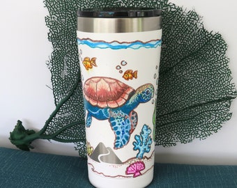 Vaso pintado a mano con tortuga marina y caballito de mar, taza de acero inoxidable con escena playera