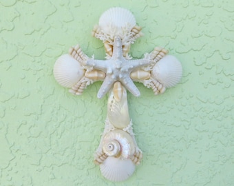 Seashell Cross, Starfish Center, Coastal Decor, Christian Gift