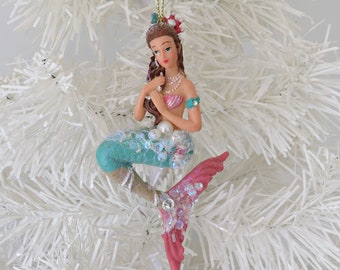 Mermaid Christmas Ornament, Brunette Mermaid, Mermaid Bling Christmas Decor, Coastal Beach Xmas Decor, Mermaid Figurine for Xmas Tree