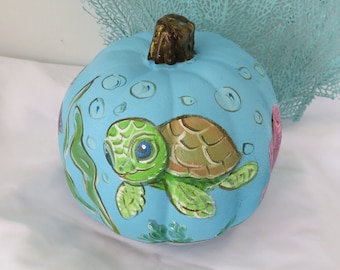 Faux Coastal Beach Pumpkin with Sea Turtle, Painted Turtle Fake Pumpkin, Halloween Thanksgiving Decor, Beach Fall Decor, Beach Pumpkin