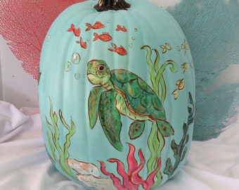 Coastal Beach Pumpkin, Coastal Sea Turtle Pumpkin, Turtle Painted Faux Pumpkin, Coastal Fall Halloween Decor, Sea Turtle Decor, Fall Pumpkin