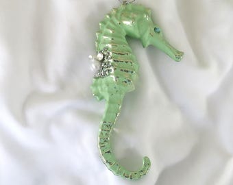 Seahorse Pastel Green Ornament, Coastal Xmas Tree Ornament, Bling Seahorse Ornament