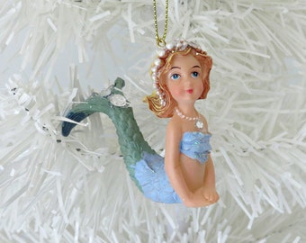 Mermaid Christmas Ornament, Blonde Mermaid, Mermaid Bling Christmas Decor, Coastal Beach Xmas Decor, Mermaid Figurine for Xmas Tree