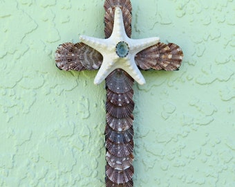 Cross Shells Wall Art, Seashell Crucifix, Starfish Calico Shells, Religious Christian Gift, Coastal Beach Decor