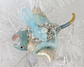 Manta Ray Ornament, Glass Stingray Christmas Tree Ornament, Aqua Blue Manta Ray Ornament, Stingray Xmas Decor