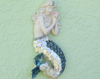 Sea Shell Wall Mermaid, Mermaid with Shells, Mermaid Wall Art, Mermaid Sculpture, Beach Decor, Coastal Decor, Mermaid Decor, Mermaid Statue
