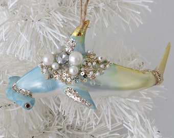 Hammerhead Shark Ornament, Shark Christmas Ornament, Bling Hammerhead Shark Ornament, Coastal Xmas Tree Shark Ornament