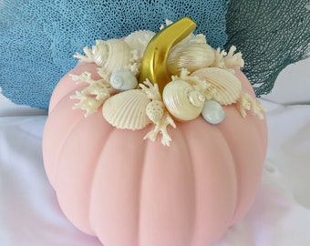 Coastal Beach Pink Ceramic Pumpkin with Shells and Coral, Pale Pink Matte and Gold Pumpkin, Pink Fall Decor Pumpkin,Beach Decor Pumpkin