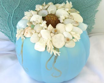 Coastal Faux Pumpkin, Turquoise Seashell Decor, Beach Cottage Fall Decor