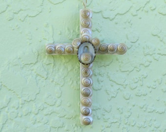 Seashell Cross Ornament, Pearl Umbonium Shells, Coastal Decor