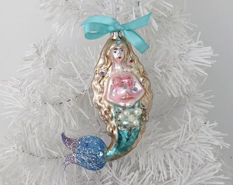 Mermaid Ornament, Mermaid with Starfish, Mermaid Bling for Christmas Tree, Coastal Beach Xmas Decor, Mermaid Figurine for Xmas Tree, Mermaid