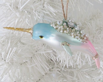 Narwhal Ornament, Narwhal Christmas Ornament, Bling Whale Ornament, Coastal Xmas Tree Ornament, Mercury Glass Like Ornament, Narwhale