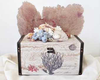 Caja de almacenamiento con tapa de concha marina, coral vintage, decoración costera