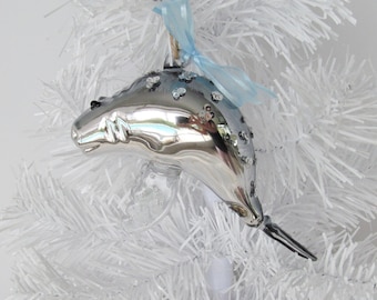 Manatee Ornament, Glass Manatee Christmas Tree Ornament, Silver Blue Manatee Ornament, Manatee Xmas Decor, Manatee Bling Xmas Tree Decor