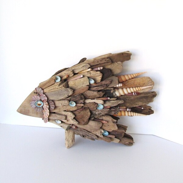 Driftwood Art Sculpture Fish Angelfish Shells