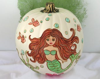 Calabaza artificial de sirena pintada a mano, decoración costera para Halloween y Acción de Gracias