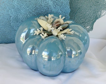 Coastal Beach  Blue Ceramic Pumpkin with Shells and Coral, Luminous Blue Pumpkin,  Elegant Blue Fall Decor Pumpkin for Fall Tablescape