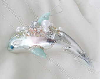Pastel Dolphin Ornament, Glass Dolphin Christmas Ornament, Coastal Dolphin Xmas Tree Ornament, Bling Mercury Glass Look Dolphin for Tree