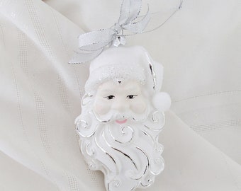 White Santa Head Ornament, Silver and White Santa, Santa Head for White Xmas Decor, Sparkling White Santa Christmas Tree Ornament, Santa