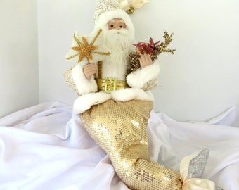 Coastal Mermaid Santa, Coastal Mantle Decor, Santa with Mermaid Tail, Mermaid Santa Doll, Beach Mermaid, Santa Mermaid Beach Xmas