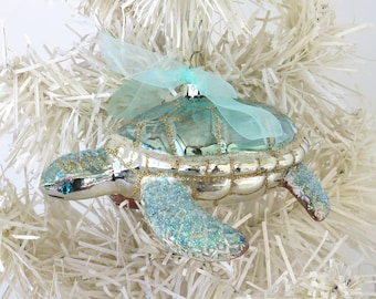 Adorno navideño de vidrio de mercurio con forma de tortuga marina, decoración costera para árbol de Navidad.