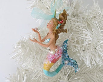 Mermaid Christmas Ornament, Blonde Mermaid, Mermaid Bling Christmas Decor, Coastal Beach Xmas Decor, Mermaid Figurine for Xmas Tree