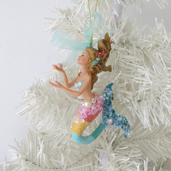 Mermaid Christmas Ornament, Blonde Mermaid, Mermaid Bling Christmas Decor, Coastal Beach Xmas Decor, Mermaid Figurine for Xmas Tree